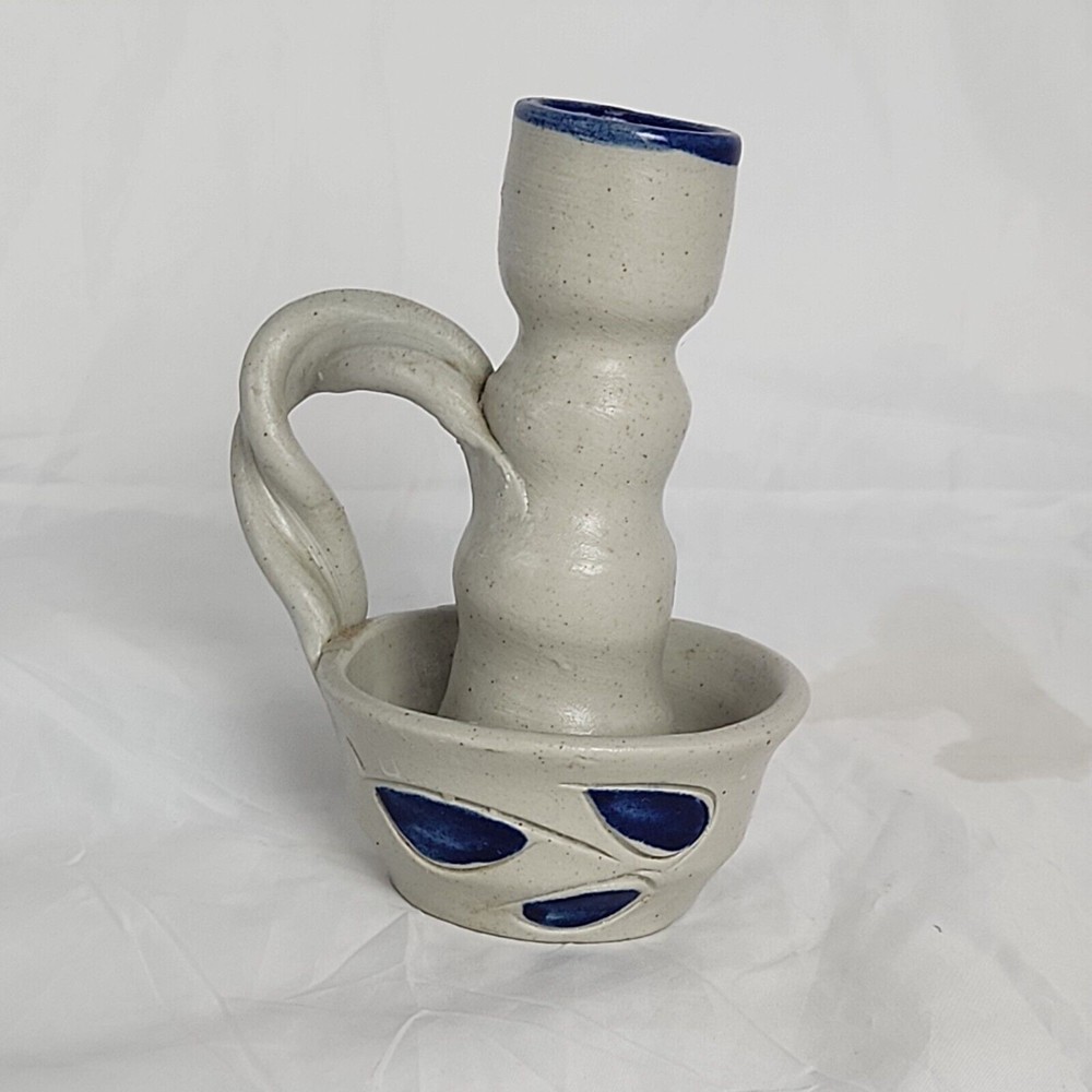 Williamsburg Pottery Cobalt Blue Leaf Salt Glaze Stoneware Candlestick Holder 5"
